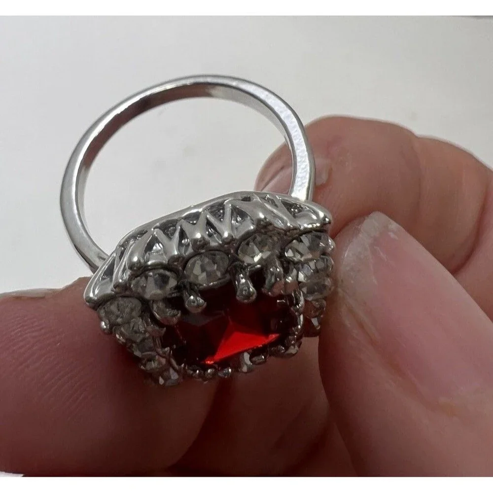 Vintage Style Simulated Ruby Gemstone Cocktail Ring Sz 8 Clear Rhinestone Halo